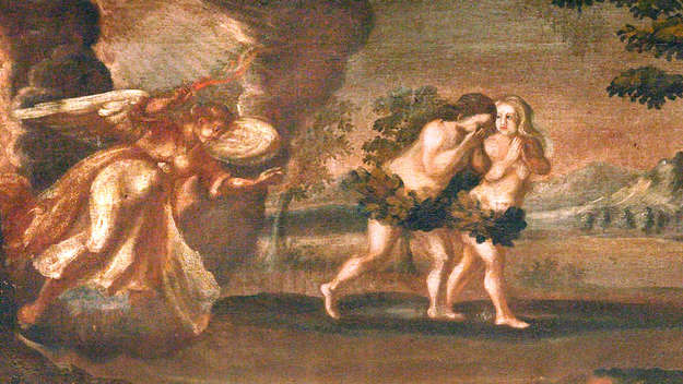 Emporenmalerei in der evangelischen Kirche St. Martin von Mihla an der Werra zeigt die Vertreibung von Adam und Eva durch den Engel aus dem Paradies