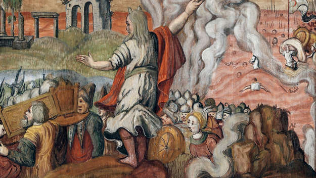Renaissancekasettendecke der evangelischen Pfarrkirche von Grumbach: Bild von Mose, der die Israeliten durch das Rote Meer führt
