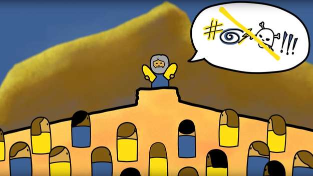 Comiczeichnung: Mose steht mit den Gesetzestafeln vor dem Volk Israel