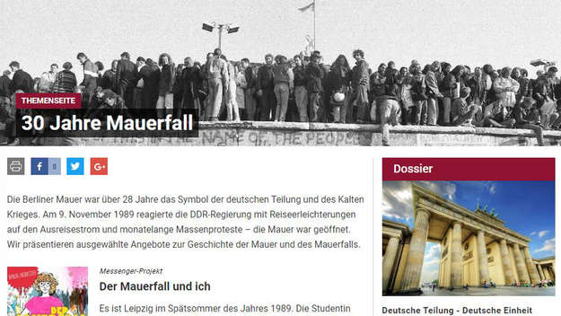 Screenshot der Themenseite '30 Jahre Mauerfall' der bpb