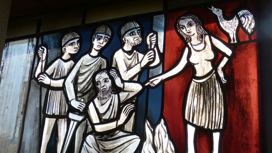 Kirchenfenster: Petrus verleugnet, Jesus zu kennen