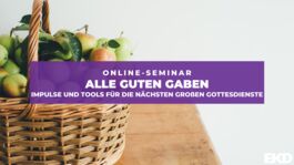 Korb mit grünen Äpfeln. Darauf Text: Online-Seminar.