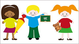 Ausschnitt GAW - gezeichnete Kinder mit Schultüte, Tafel und Teddy