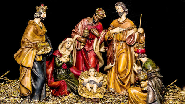 Krippenbild mit Maria, Josef, Jesus und den Weisen