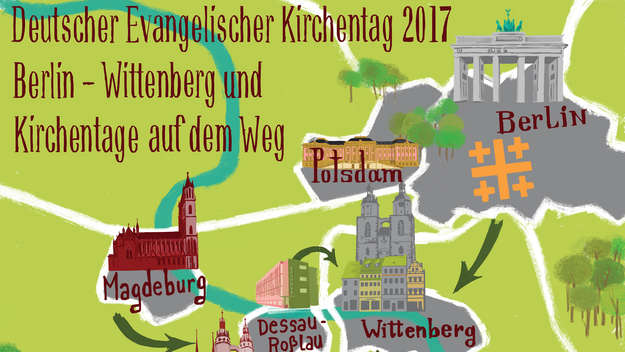 Ausschnitt einer Karte, die verschiedene Städte der Kirchentage 2017 zeigt.