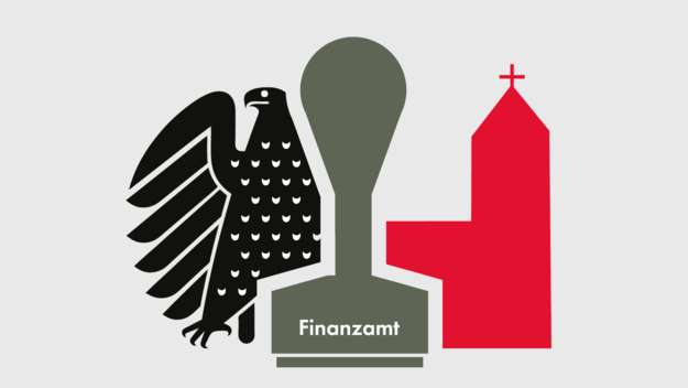 Illustration zeigt einen Adler, Stempel mit der Aufschrift 'Steuer' und eine Kirche.