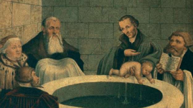 Cover der Publikation 'Taufe', Philipp Melanchthon tauft einen Säugling, Gemälde von Lucas Cranach d. Ä.