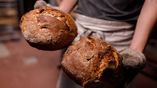 Ein Bäcker hält zwei frisch gebackene Brote.
