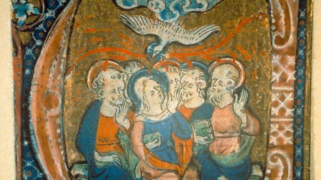 Eine Buchmalerei aus dem 14. Jahrhundert zeigt die Ausgießung des Heiligen Geistes