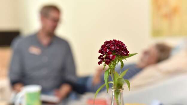 Symbolbild Hospiz: Im Hintergrund liest ein Mann einer Frau vor, im Vordergrund eine Blumenvase