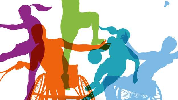 Bunte Silhouetten von Sportlerinnen und Sportlern, darunter Personen im Rollstuhl, die verschiedene Sportarten ausüben