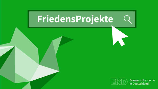 Grüne Friedenstaube und Schriftzug „FriedensProjekte“