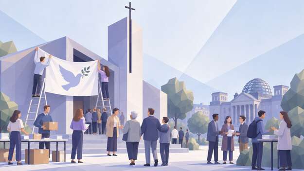 Menschen vor einer Kirche engagieren sich aktiv für Demokratie und Frieden.