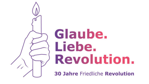 Logo zur Themenseite Friedliche Revolution der EKBO: Glaube. Liebe. Revolution.