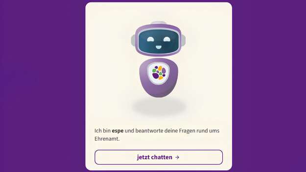 Zu sehen ist vor einem lila Hintergrund ein Roboter Icon. Es handelt sich dabei um den Servicepoint Ehrenamt Chatbot Espe. Unter dem Roboter steht geschrieben: Ich bin espe und beantworte deine Fragen rund ums Ehrenamt.
