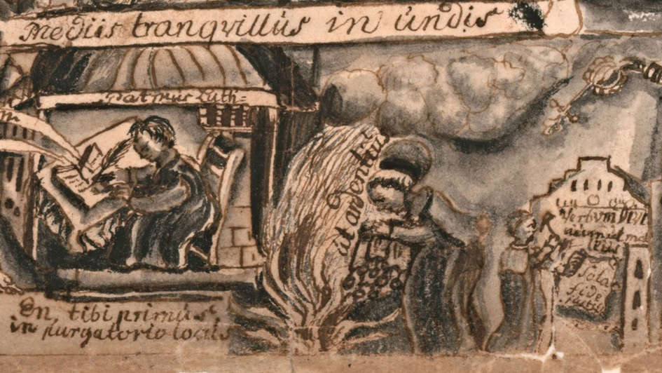 Luthers Thesenanschlag auf einer Federzeichnung von 1717