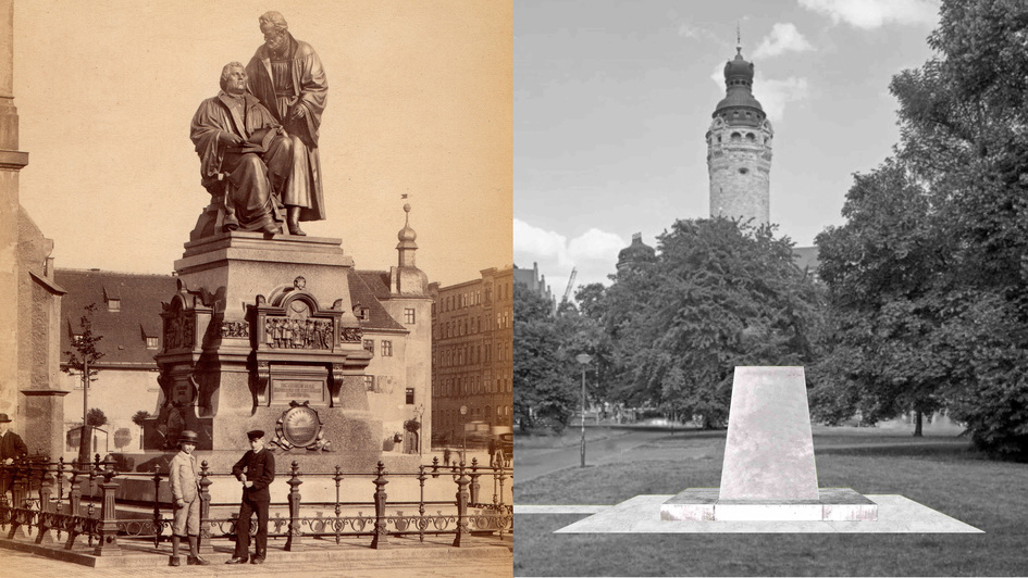 Historisches Foto des Luther-Melnchthon-Denkmals vor der Zerstörung und die Visualisierung des Siegerentwurfs für die Neugestaltung