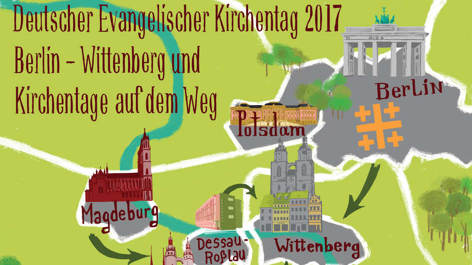 Ausschnitt einer Karte, die Städte der Kirchentage 2017 zeigt.