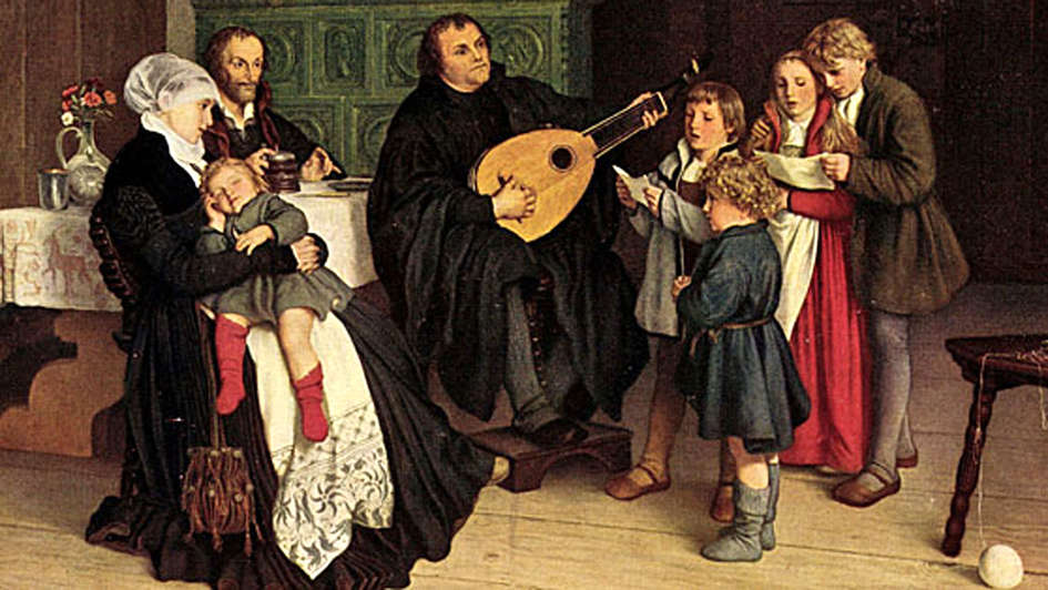 Gemälde: Luther begleitet den Gesang seiner Kinder auf der Laute