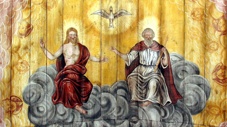 Vater, Sohn und der Heilige Geist, als Taube, in einer Deckenmalerei der Kirche Großkochberg bei Weimar, Thüringen