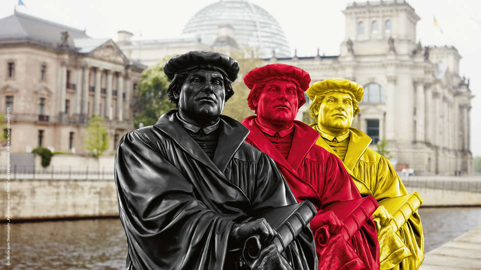 Lutherstatuen in schwarz, rot und gold vor dem Reichstag. Lutherstatuen in schwarz, rot und gold vor dem Reichstag.
