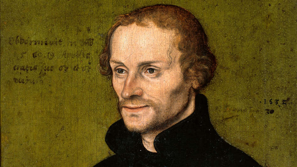Gemälde aus der Werkstatt von Lucas Cranach d. Ä. zeigt den Reformator Philipp Melanchthon. Gemälde aus der Werkstatt von Lucas Cranach d. Ä. zeigt den Reformator Philipp Melanchthon.
