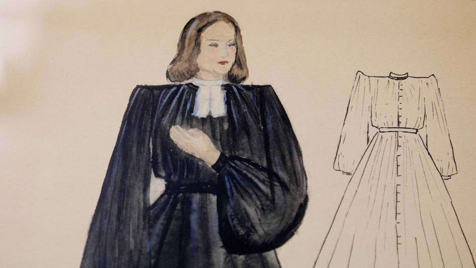 Skizze einer Frau im Talar: Bekleidungsvorschrift aus den 50er Jahren weiblicher Geistlicher