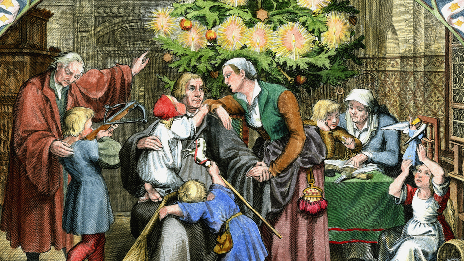 Martin Luther mit Familie unter dem Weihnachtsbaum als Radierung von Gustav König