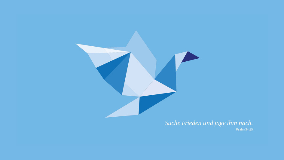 Eine Origami-Friedenstaube vor blauem Hintergrund, als Text die Jahreslosung 2019