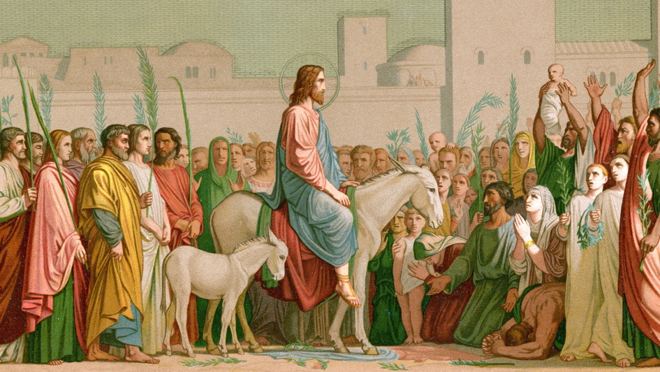 Jesus zieht auf einem Esel am Palmsonntag in Jerusalem en