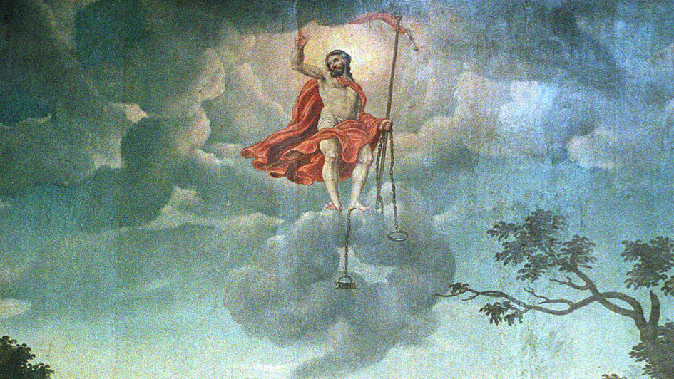Der 'entschwindende Christus' auf dem Gemälde 'Christi Himmelfahrt' eines unbekannten Künstlers in der evangelischen Marienkirche in Berlin, wahrscheinlich aus dem 17/18. Jahrhundert.