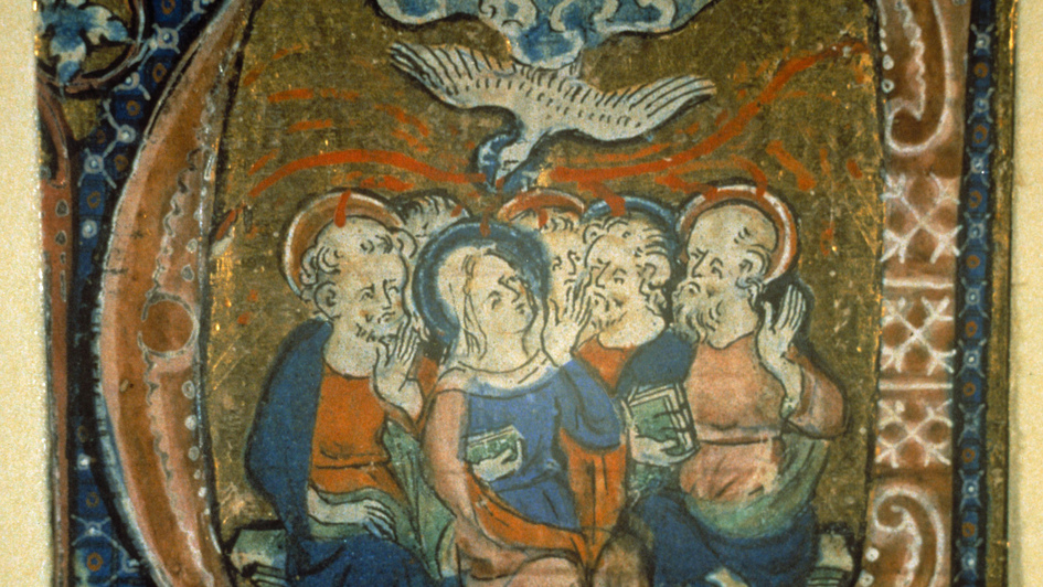 Buchmalerei aud dem 14. Jahrhundert mit der biblischen Szene Ausgießung des Heligen Geistes