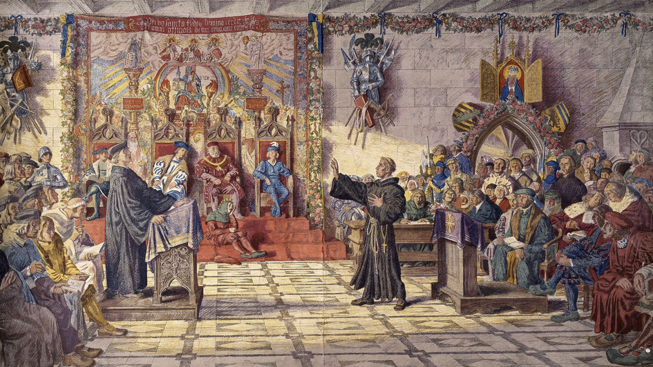 Disputation zwischen Martin Luther und Johannes Eck in der Pleissenburg in Leipzig 1519, Farblithographie von 1918 nach Zeichnung von Max Seliger Disputation zwischen Martin Luther und Johannes Eck in der Pleissenburg in Leipzig 1519, Farblithographie von 1918 nach Zeichnung von Max Seliger