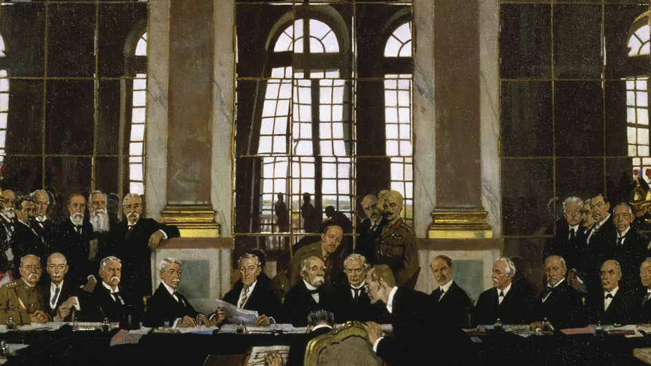 Unterzeichnung des Versailler Vertrages am 28. Juni 1919 im Spiegelsaal von Versailles, Gemälde von William Orpen um 1925