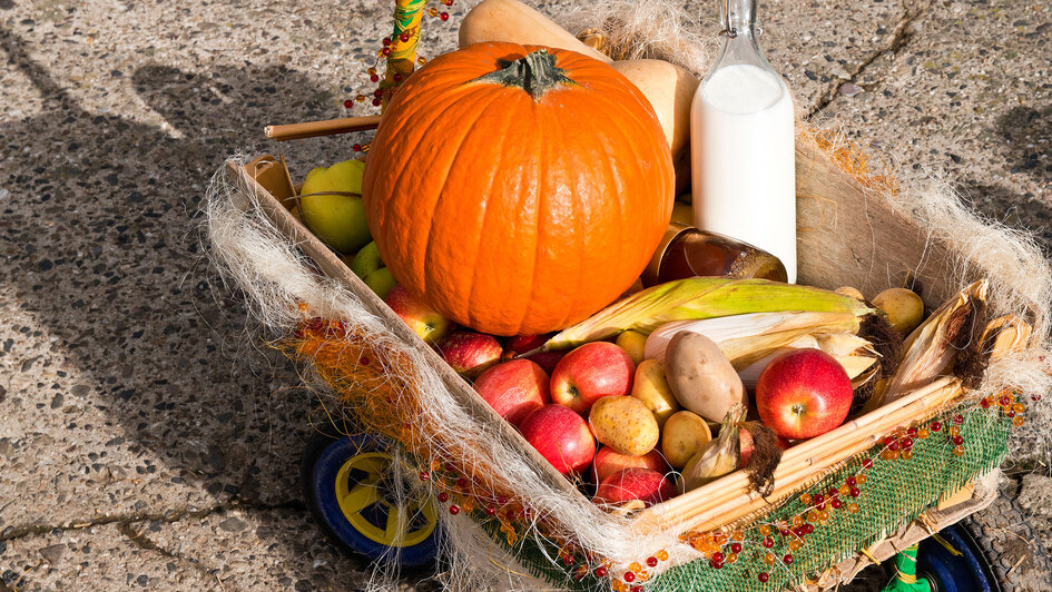 Wagen geschmückt mit Feldfrüchten zum Erntedankfest Wagen geschmückt mit Feldfrüchten zum Erntedankfest