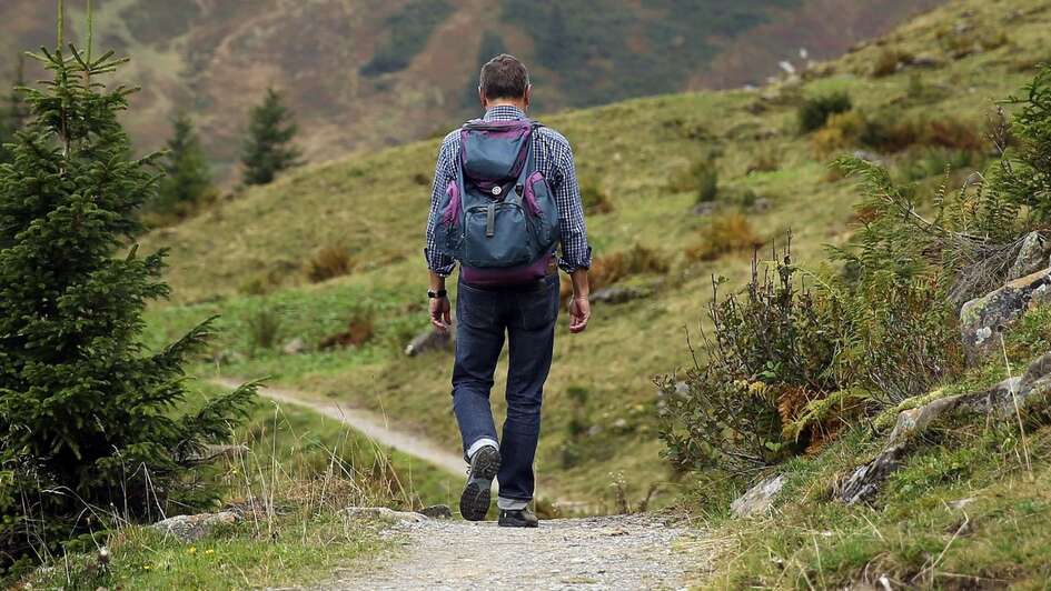 Wanderer entfernt sich auf Bergpfad Wanderer entfernt sich auf Bergpfad