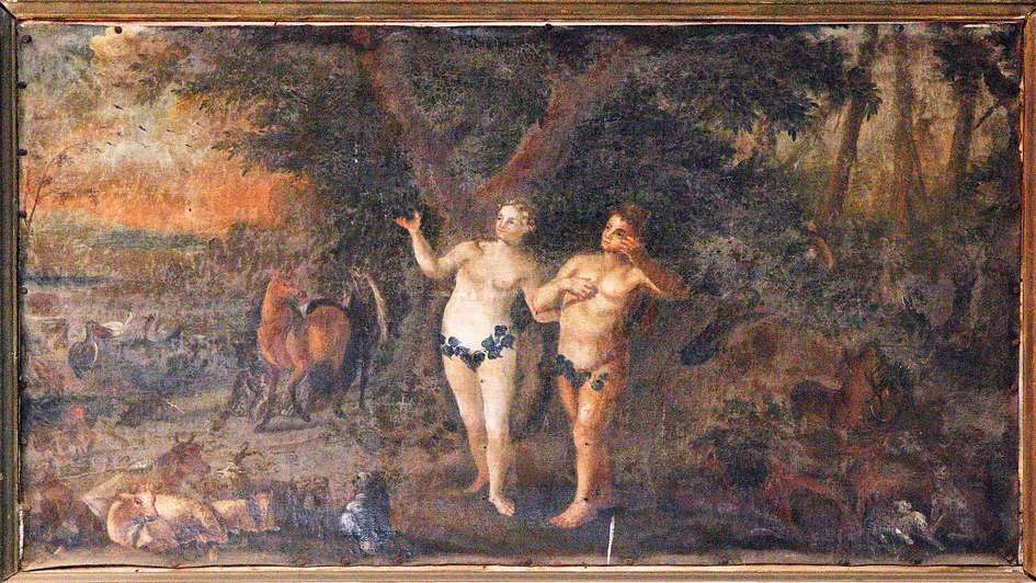 Adam und Eva im Paradies: Gemälde in der Kirche St. Martin von Mihla an der Werra in Thüringen Adam und Eva im Paradies: Gemälde in der Kirche St. Martin von Mihla an der Werra in Thüringen
