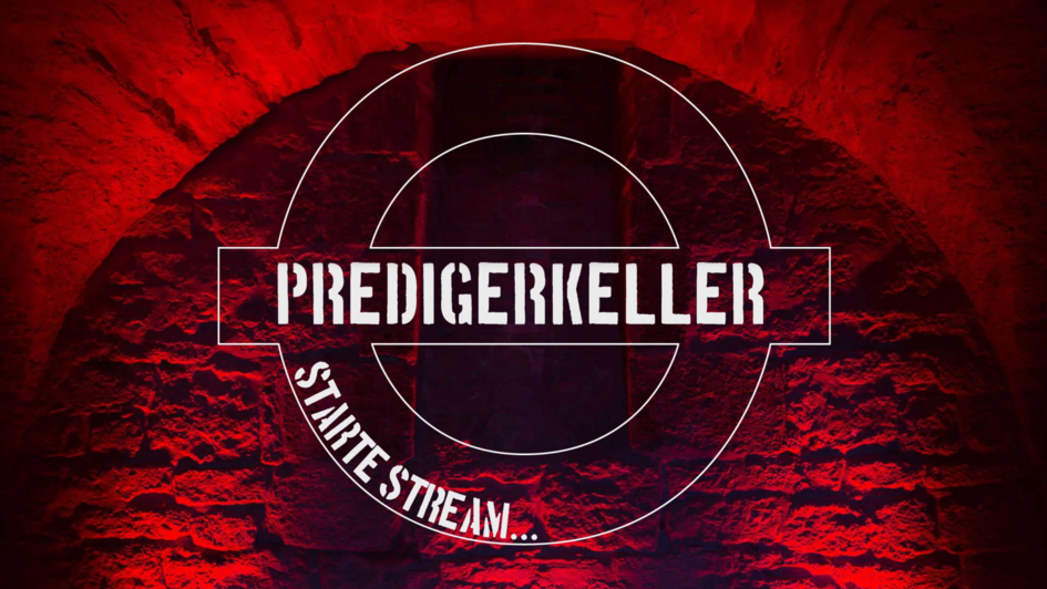 Logo des Twitch-Kanals Predigerkeller: Im Hintergrund ist ein rot angeleuchtetes Gewölbe zu erkennen. Im Vordergrund ist das weiße Logo, ein Kreis mit einem Horizontalen Strich der mit der Aufschrift 'Predigerkeller'. Logo des Twitch-Kanals Predigerkeller: Im Hintergrund ist ein rot angeleuchtetes Gewölbe zu erkennen. Im Vordergrund ist das weiße Logo, ein Kreis mit einem Horizontalen Strich der mit der Aufschrift 'Predigerkeller'.