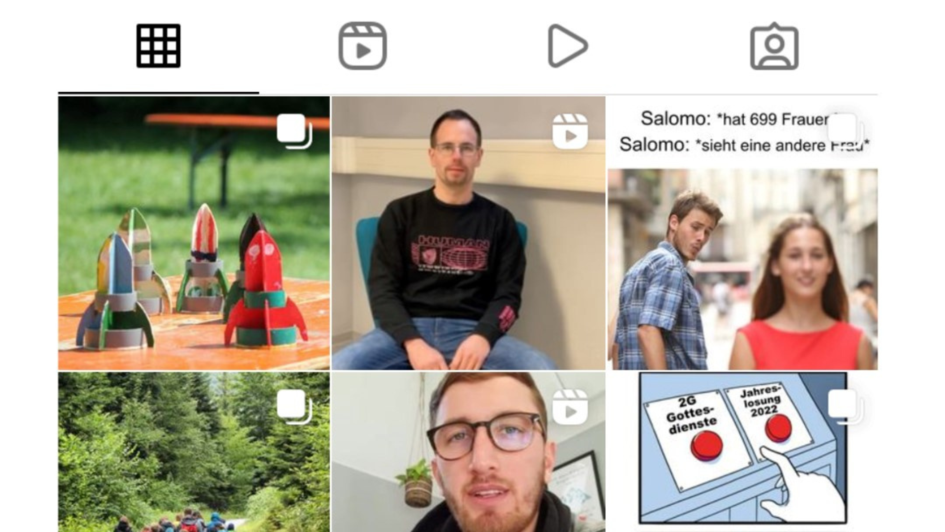 Screenshot des Instagram-Kanals der evangelischen Jugend Calw. Es sind drei volle und drei halbe Kacheln zu sehen. Darunter Bilder von einem jungen Mann, Memes und gebastelte Raketen. Am oberen Rand sind die Instagramm Piktogramme zu erkennen, mit denen z Screenshot des Instagram-Kanals der evangelischen Jugend Calw. Es sind drei volle und drei halbe Kacheln zu sehen. Darunter Bilder von einem jungen Mann, Memes und gebastelte Raketen. Am oberen Rand sind die Instagramm Piktogramme zu erkennen, mit denen z