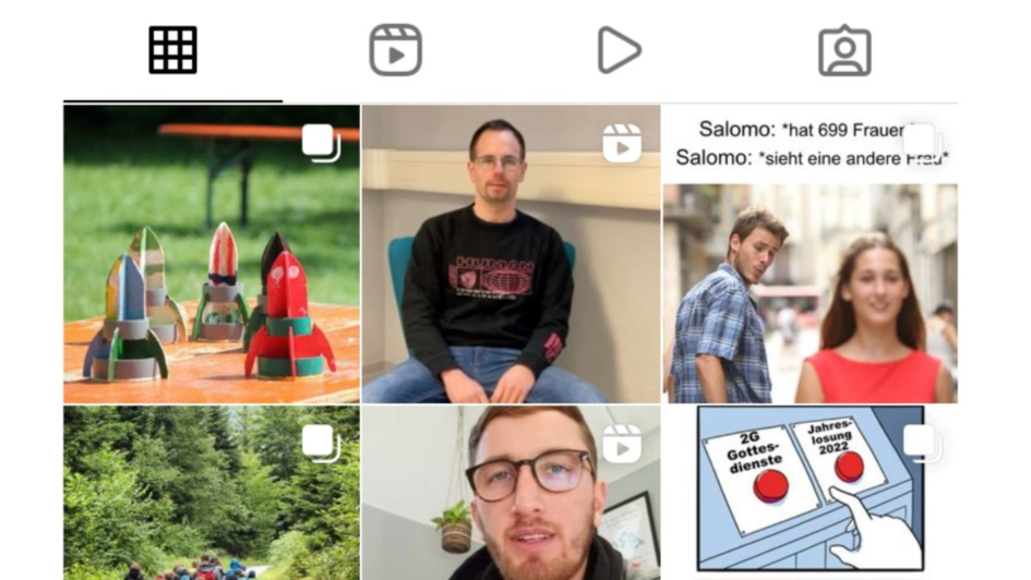 Screenshot des Instagram-Kanals der evangelischen Jugend Calw. Es sind drei volle und drei halbe Kacheln zu sehen. Darunter Bilder von einem jungen Mann, Memes und gebastelte Raketen. Am oberen Rand sind die Instagramm Piktogramme zu erkennen, mit denen z