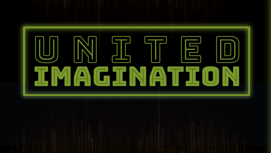 Gelb-grüner Neon-Schriftzug auf schwarzem Grund: United Imagination