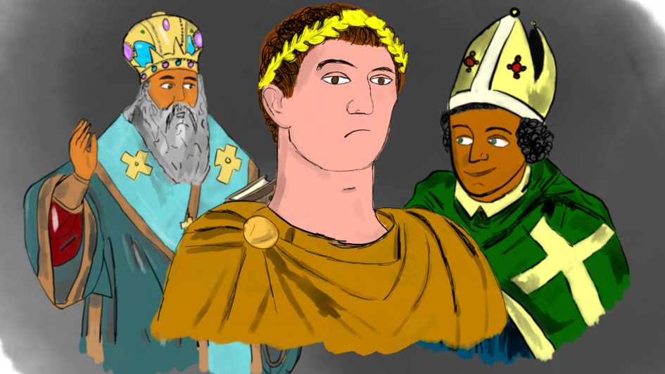 Drei gezeichnete Personen, coloriert. Links ein Mann mit langem grauen Bart und Krone, rechts ein Mann mit dunklen Locken, Tiara und einem grünen Umhang mit Kreuz, in der Mitte im Vordergrund ein Mann mit kurzen braunen Haaren mit goldenem Lorbeerkranz un Drei gezeichnete Personen, coloriert. Links ein Mann mit langem grauen Bart und Krone, rechts ein Mann mit dunklen Locken, Tiara und einem grünen Umhang mit Kreuz, in der Mitte im Vordergrund ein Mann mit kurzen braunen Haaren mit goldenem Lorbeerkranz un