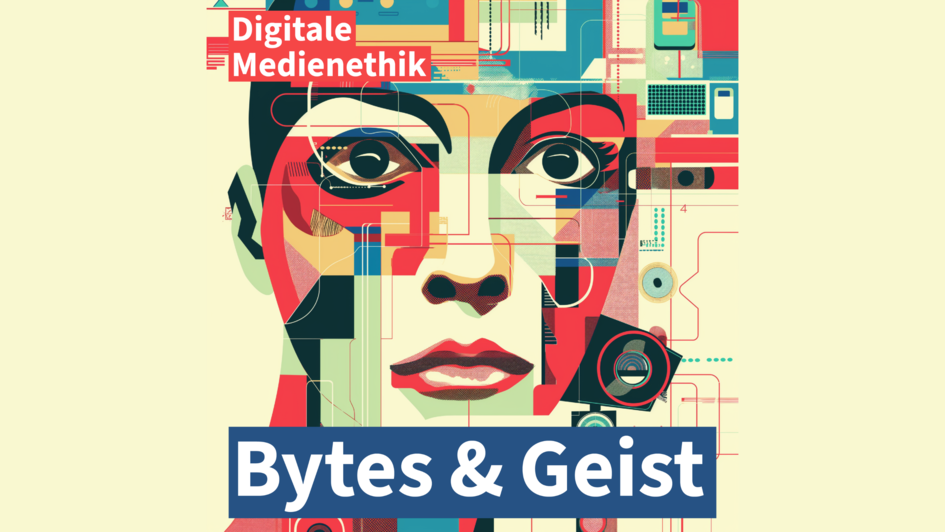 Stilisierter Frauenkopf mit technischen Elementen und Schriftzug „Digitale Medienethik – Bytes & Geist“.