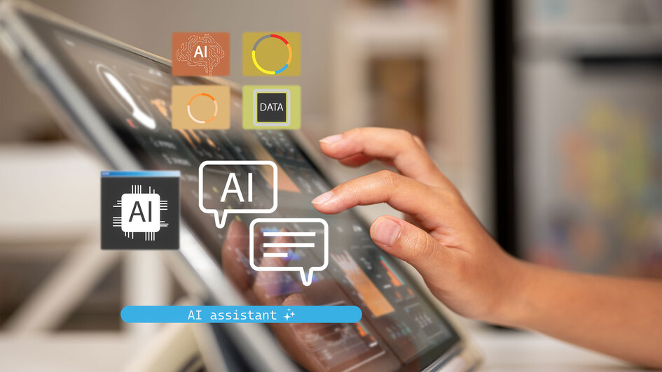 Eine Kinderhand bedient einen Touchscreen mit eingeblendeten Symbolen für künstliche Intelligenz, Daten und einen KI-Assistenten.