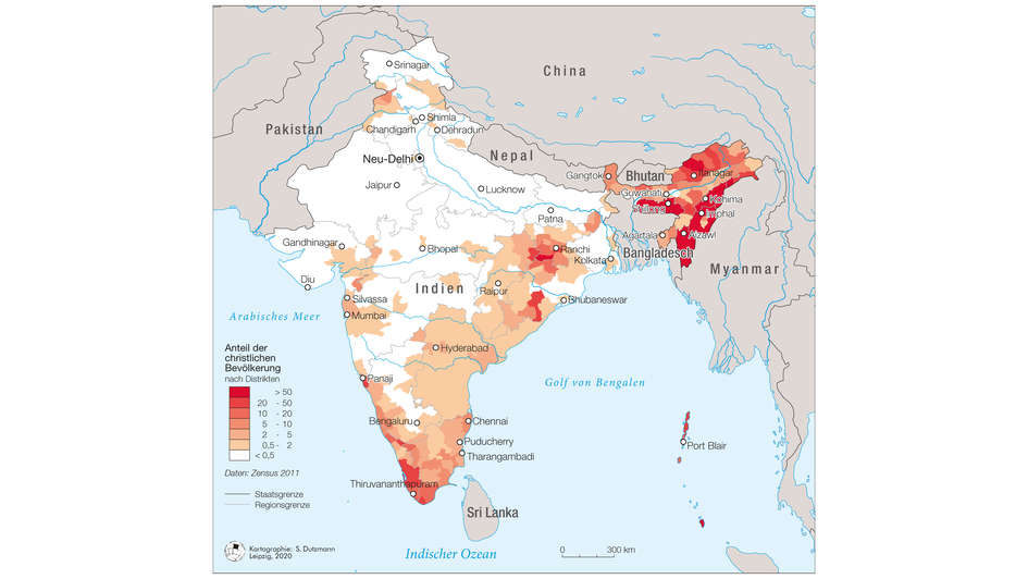 Karte: Indien, Anteil der christlichen Bevölkerung (Zensus 2011)