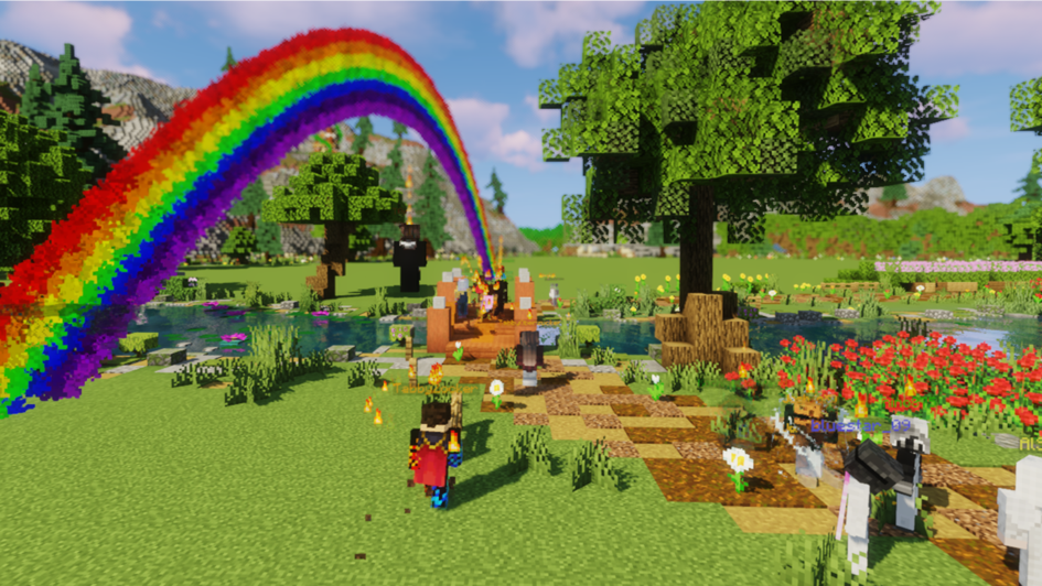 Screenshot aus Minecraft: Figur, Regenbogen, grüne Landschaft mit Teich und Bäumen Screenshot aus Minecraft: Figur, Regenbogen, grüne Landschaft mit Teich und Bäumen