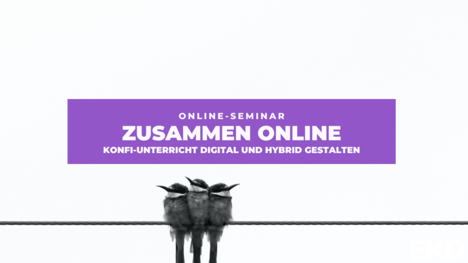 Vögel auf einer Oberleitung. Darauf Text: Zusammen Online