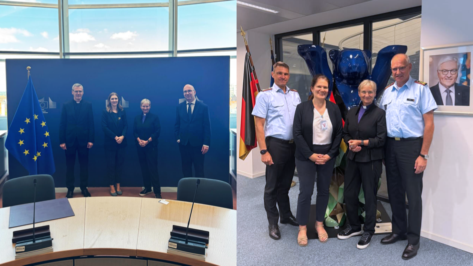 Gespräch mit dem Kabinett von Markus Brunner: Bischof Heiner Wilmer, Natasha Bertraud, Bischöfin Kirsten Fehrs, Vincent Depaigne, Bild rechts: Gespräch bei Generalleutnant Wolfgang Wien, Deutscher Militärischer Vertreter bei der NATO und EU - Ralph Christ