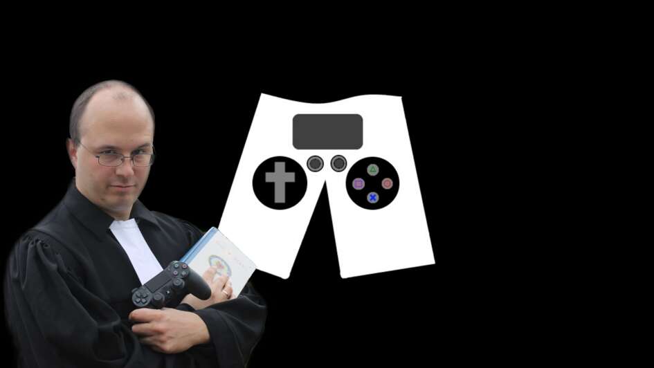 Pfarrer vor Logo: Zocken für Jesus Pfarrer vor Logo: Zocken für Jesus