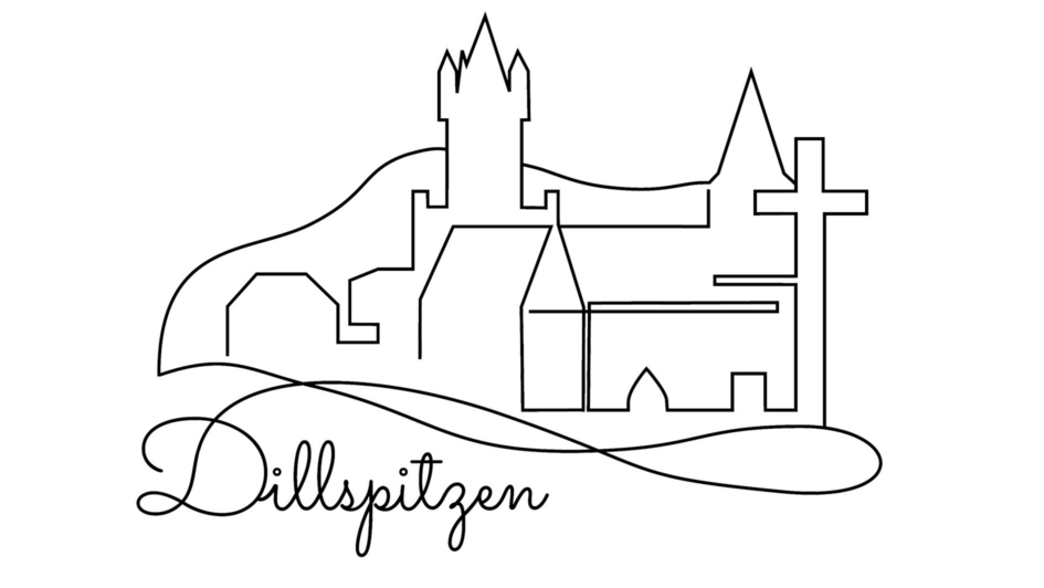 Das Logo der „Dillspitzen”. Es zeigt die Elemente, die die „Dillspitzen-Videos” ausmachen: Den Wilhelmsturm als Wahrzeichen der Stadt, die Ev. Stadtkirche auf dem Schlossberg in Dillenburg, die Dill, die das Tal durchfließt sowie das Kreuz, das uns leitet